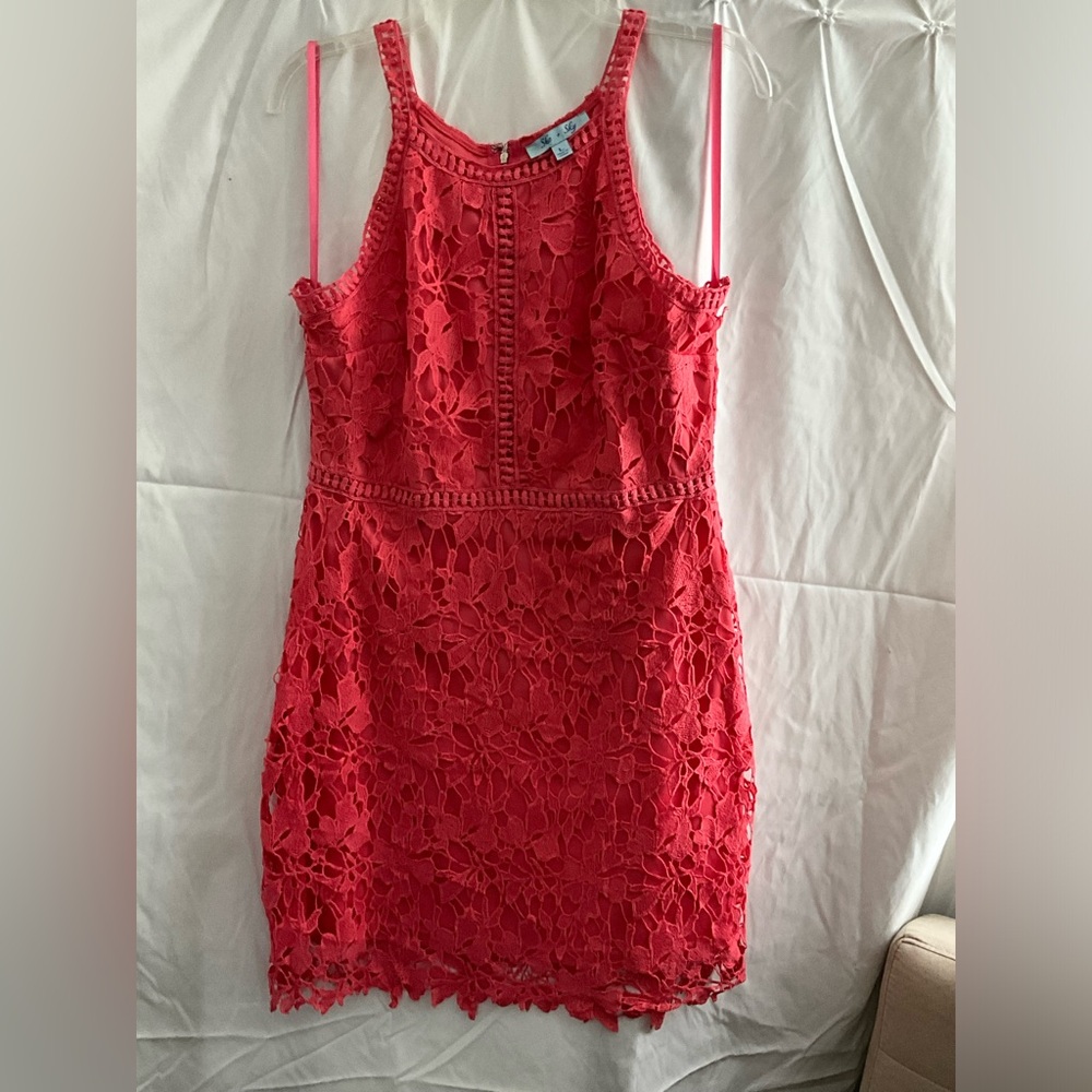 She + Sky Vibrant Coral Lace dress
